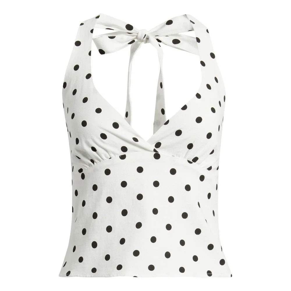Princess Polly Polka Dot Halter Top White Black Tie Neck Y2K Coquette US 4